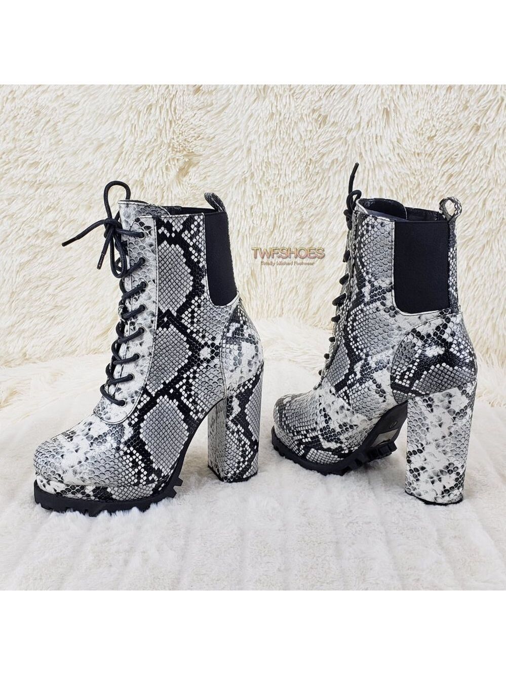 Winnie Snake Lace Up Ankle Boots 4.5" Chunky Block Heels
